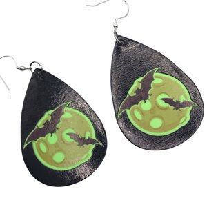 Glow in the Dark Vegan Leather Bat & Moon Earrings